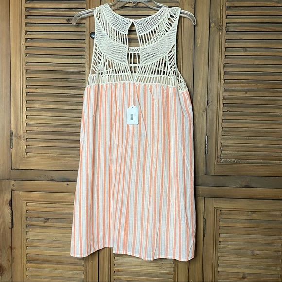 Boutique COTTON tangerine/cream stripe lace appliqué yolk flowy lined dress SZ M - Picture 3 of 8